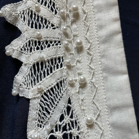 Karin Stevens Vintage Navy Long Sleeve Button Front w/ Lace n Pearl midi Dress 8 - Picture 8 of 11